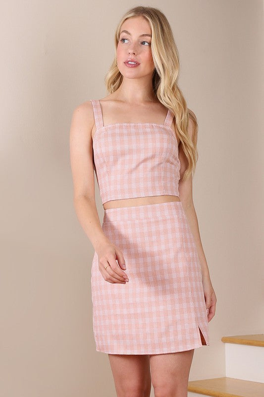 OUTFIT- PINK CHECK PATTERNED SKIRT AND CROP TOP