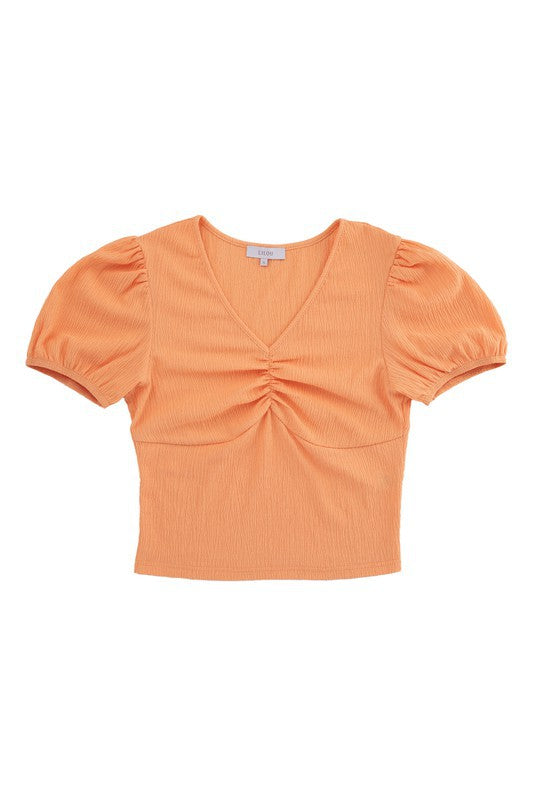 SHIRT- Shirred V Neck Top with Puff Sleeves