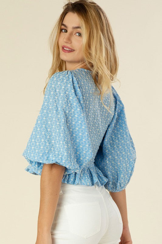 Shirt- Bell Sleeved Peplum Blouse Light Blue