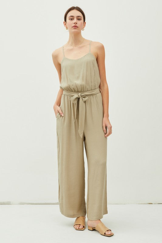 OUTFIT- TIE BELT WIDE LEG CAMI JUMPSUIT