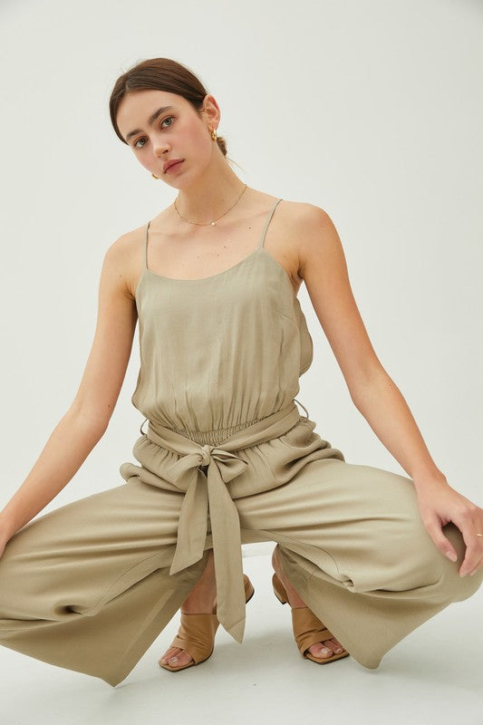 OUTFIT- TIE BELT WIDE LEG CAMI JUMPSUIT
