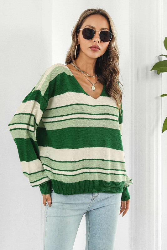 SHIRT- SWEATER- STRIPED LIGHT WEIGHT V NECK