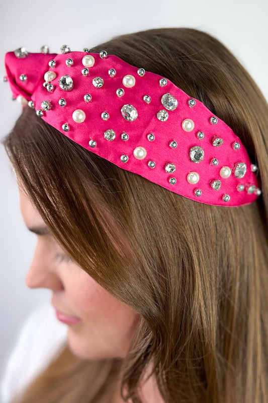 ACCESSORY- Pink Rhinestone And Pearl Headband - Pink