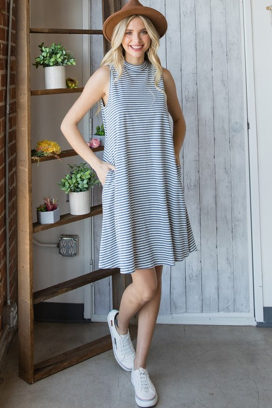 DRESS- STRIPED MOCK NECKLINE BLUE DRESS WITH POCKETS