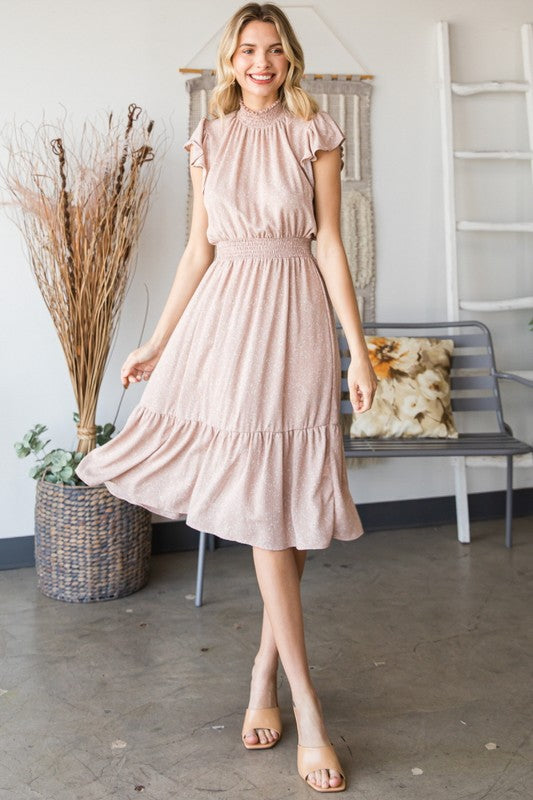DRESS- VINTAGE FLORAL DITSY MOCK NECK TAN TIERED DRESS