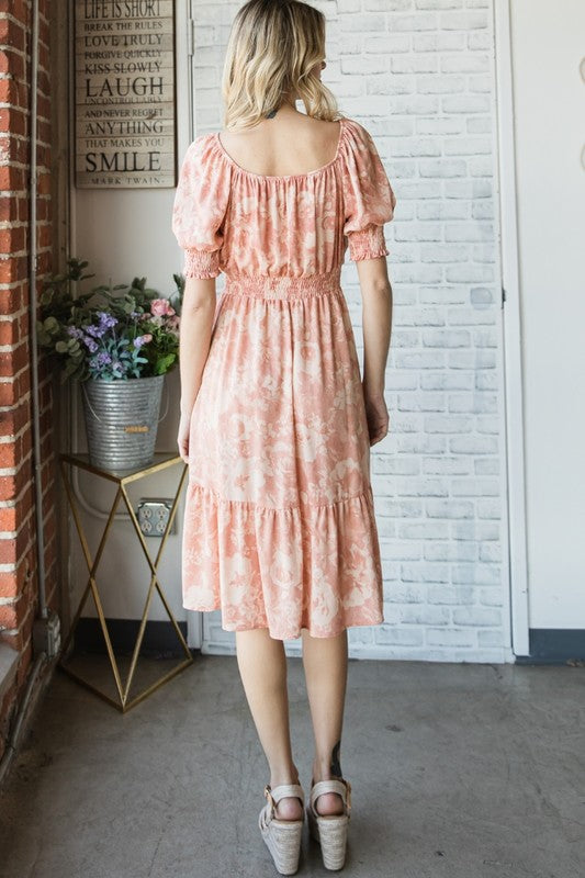 DRESS- VINTAGE FLORAL SQUARE NECK PEACH MIDI DRESS