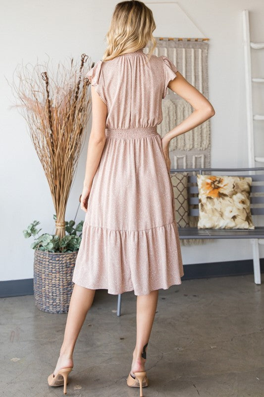 DRESS- VINTAGE FLORAL DITSY MOCK NECK TAN TIERED DRESS