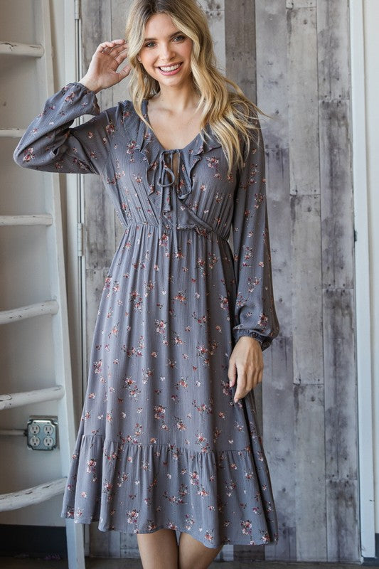 DRESS- FLORAL RUFFLED TIE FRONT MIDI DRESS