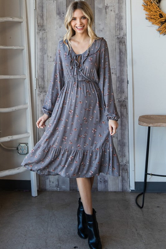 DRESS- FLORAL RUFFLED TIE FRONT MIDI DRESS