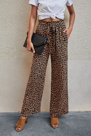 Pants- Leopard Print Wide Leg Drawstring Pants