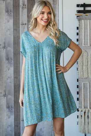 DRESS- TEAL Floral V Neck Crisscross Open Back Dress