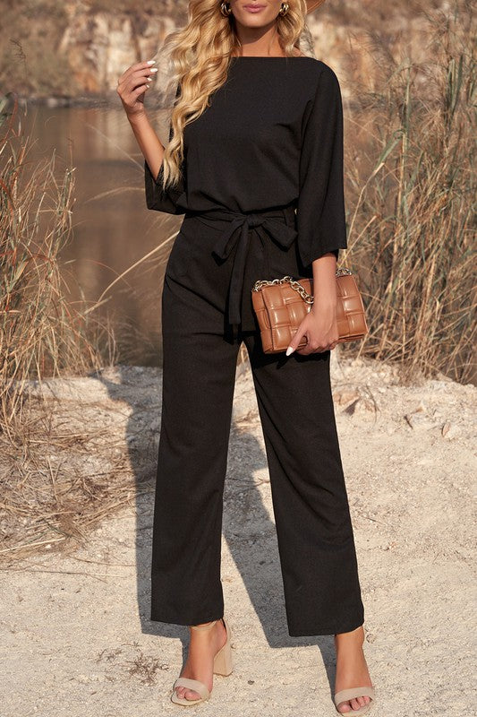 Outfit- Bracelet Sleeve Waist Tie Wide Leg Jumpsuit