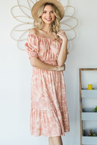 DRESS- Vintage Floral Square Neck Midi Dress PEACH