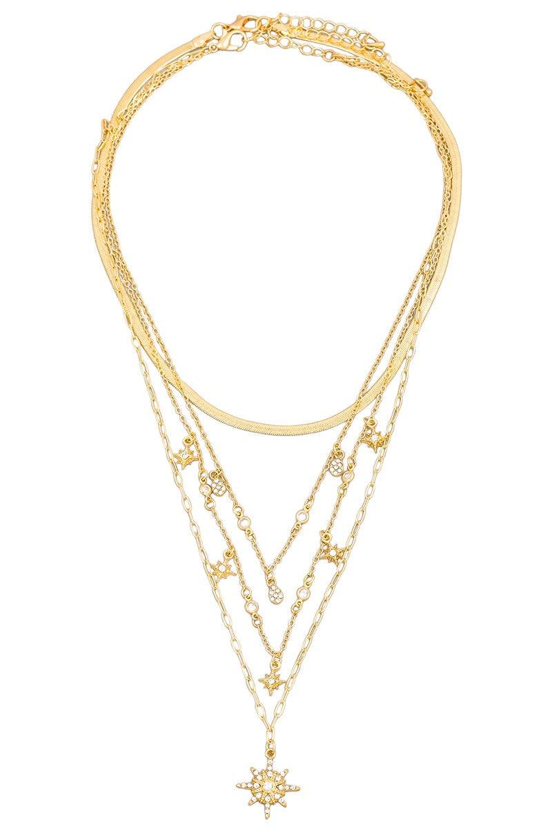 Jewelry- Necklace- Multi Layered Pave Star Teardrop Charm Necklace