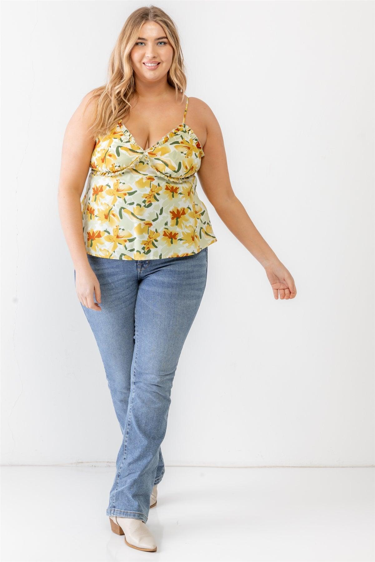 Shirt- Sage Plus Size Floral Woven Ruffle Sleeveless Tank Top