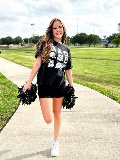 Shirt- 'Game Day' on Black Side Slit Crop Tee