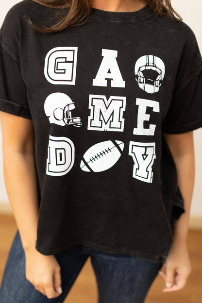 Shirt- 'Game Day' on Black Side Slit Crop Tee