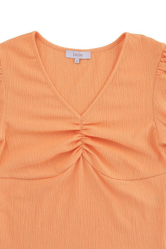 SHIRT- Shirred V Neck Top with Puff Sleeves