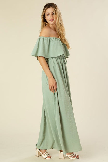 DRESS- SAGE SWISS DOT OFF SHOULDER DRESS