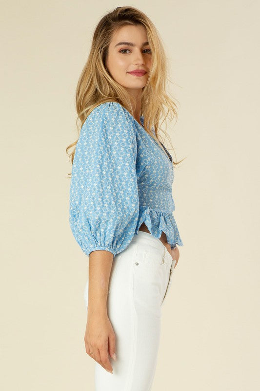 Shirt- Bell Sleeved Peplum Blouse Light Blue