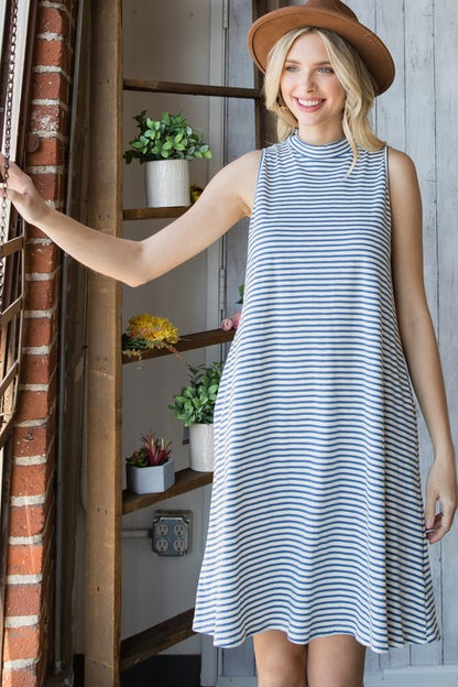 DRESS- STRIPED MOCK NECKLINE BLUE DRESS WITH POCKETS