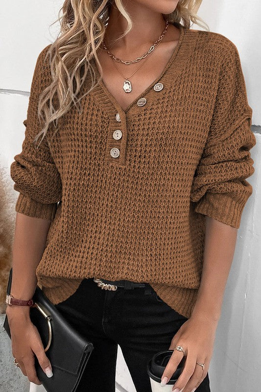 Shirt- Pointelle Knit Button V Neck Drop Shoulder Sweater