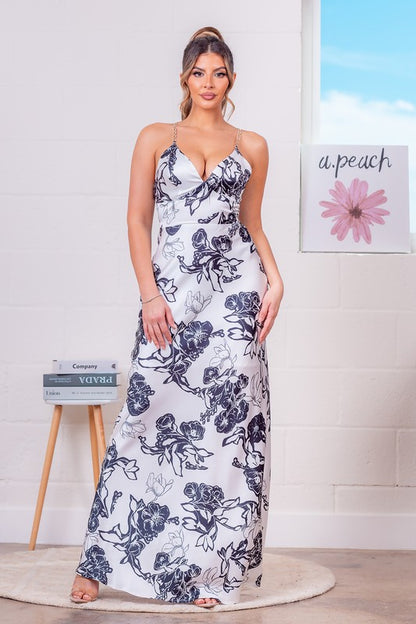 DRESS- SATIN SLIP FLORAL MAXI DRESS