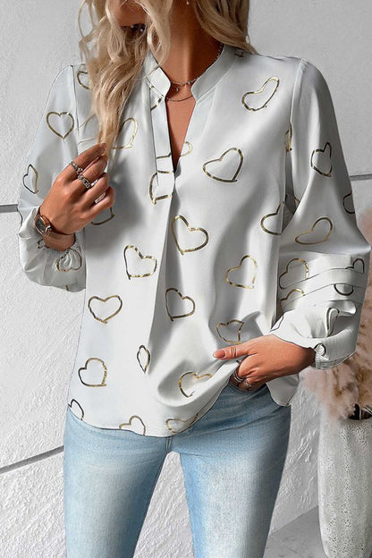 SHIRT- NOTCHED HEART PRINT WHITE BLOUSE