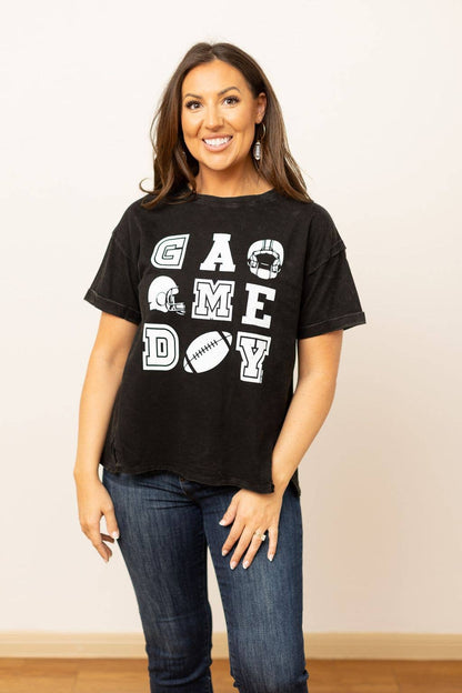 Shirt- 'Game Day' on Black Side Slit Crop Tee