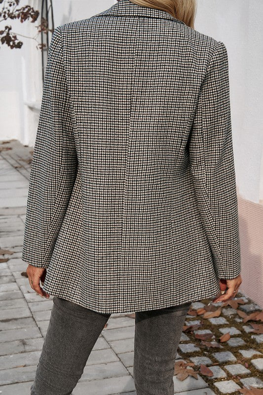 Shirt- Jacket- Pocket Houndstooth Button Lapel Neck Blazer