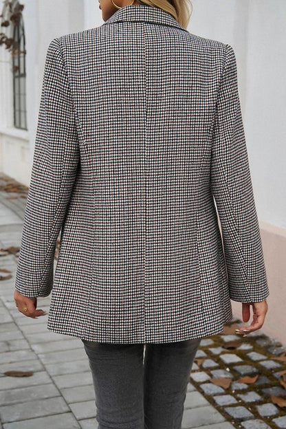 Shirt- Jacket- Pocket Houndstooth Button Lapel Neck Blazer