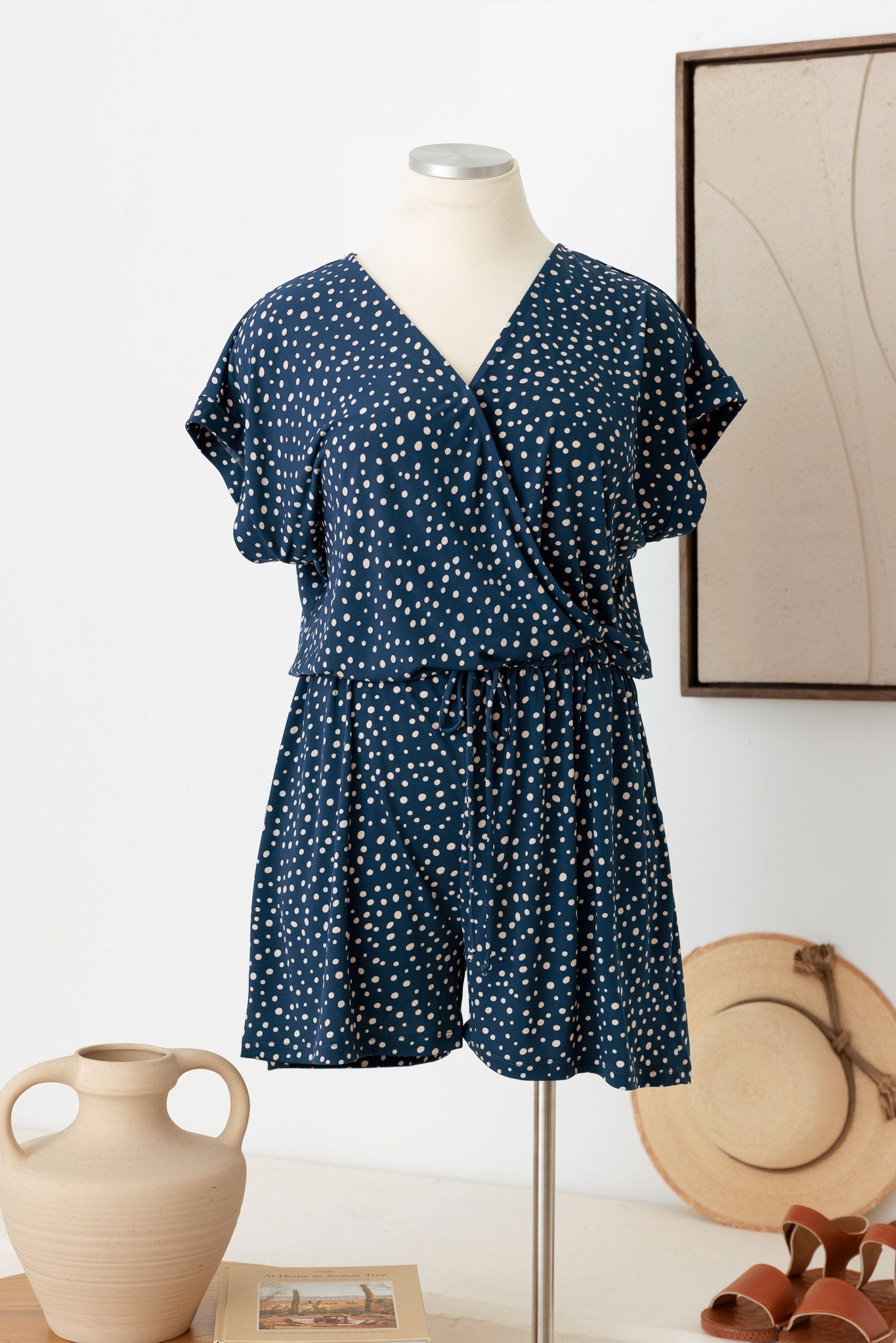 Outfit- Plus Size Polka Dot Short Sleeve Adjustable Belt Warp Rompers