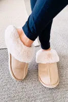 Shoes- slippers- Furry Khaki Faux Suede Plush Lined Slippers