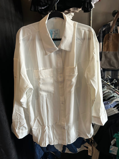 SHIRT- White Solid Pocket Long Sleeve Button-up Shirt