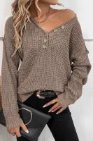 Shirt- Kiera Khaki Pointelle Knit Button V Neck Drop Shoulder Sweater