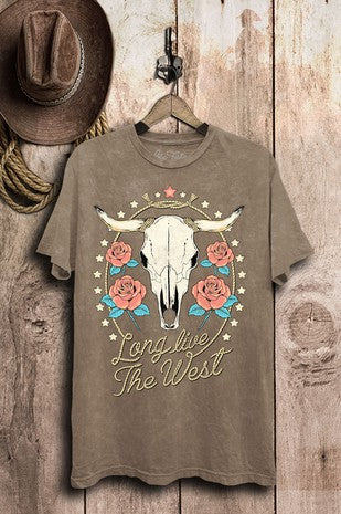 Shirt- Tshirt- Long Live The West Cow Skull Graphic Top