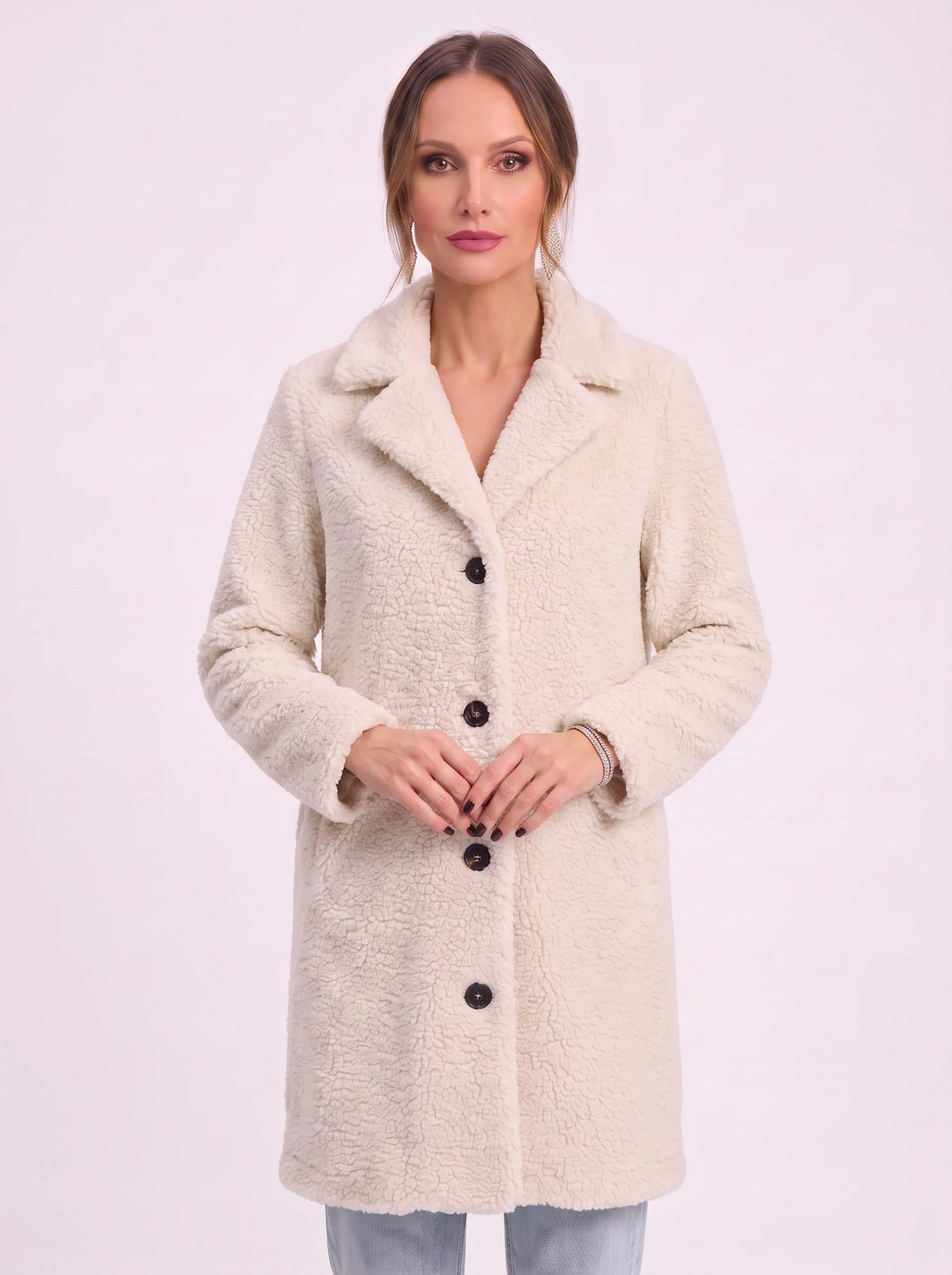 Amber | Classic Longline Button Front Sherpa Jacket Women