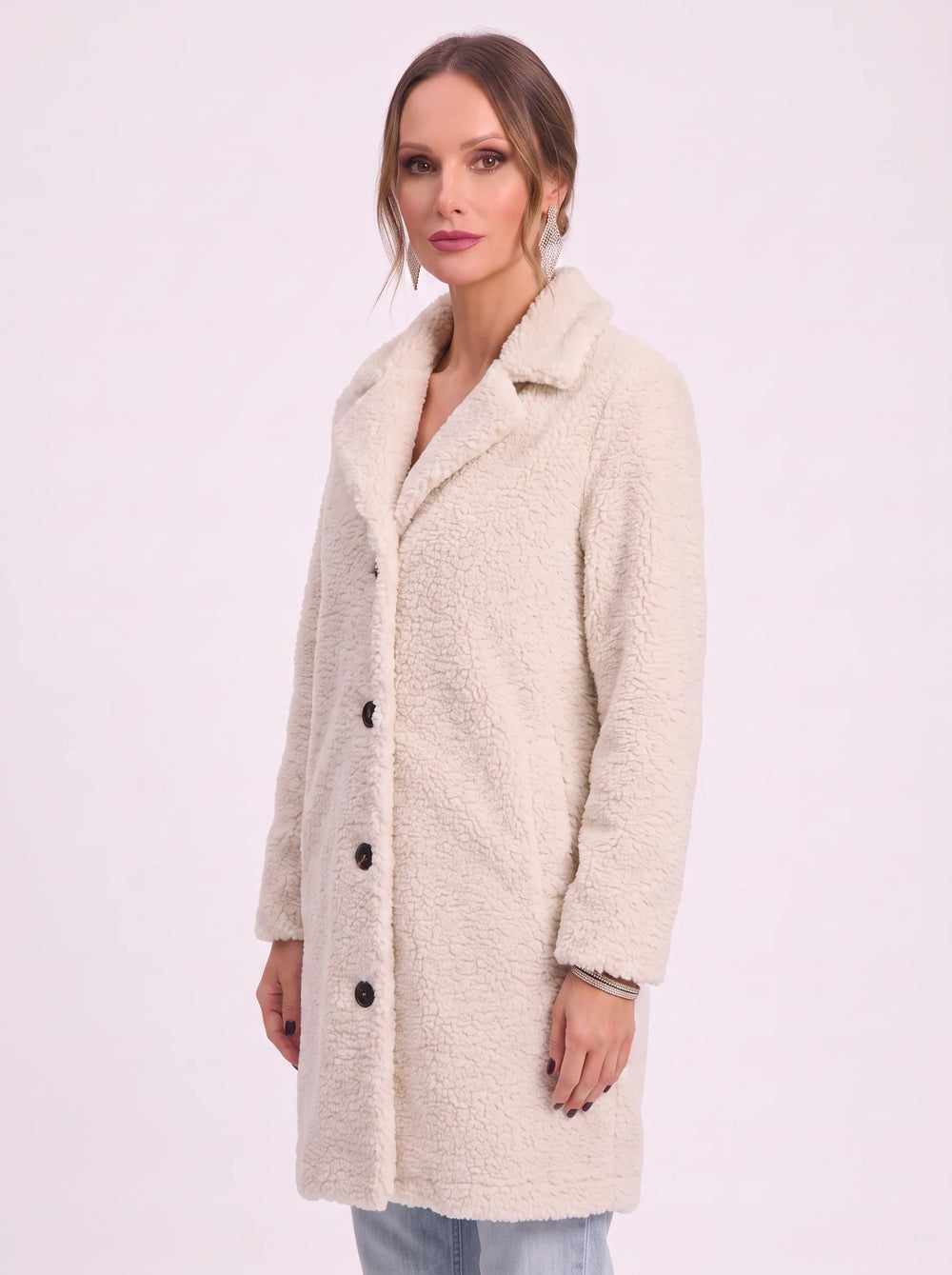 Amber | Classic Longline Button Front Sherpa Jacket Women