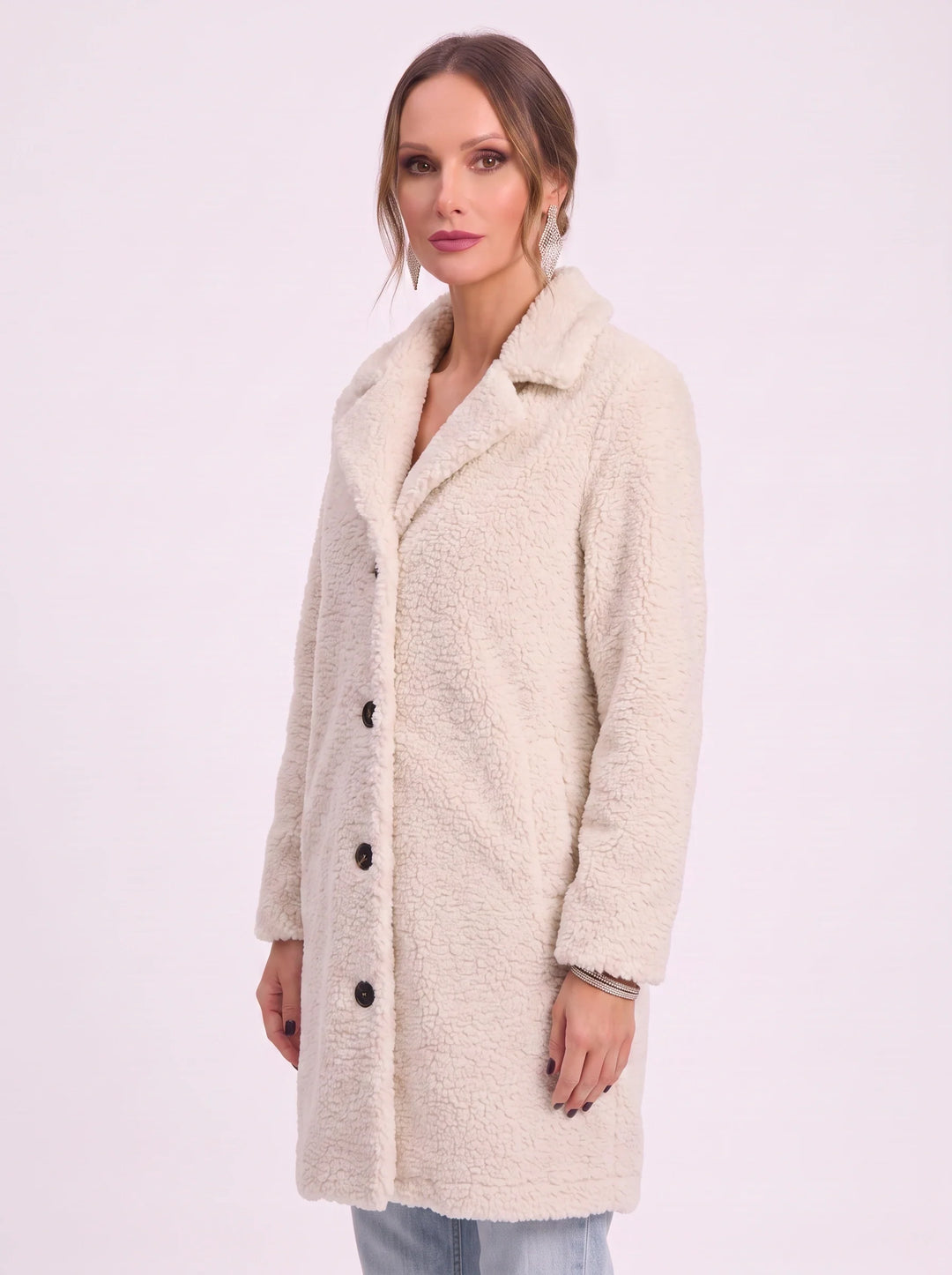 Amber | Classic Longline Button Front Sherpa Jacket Women