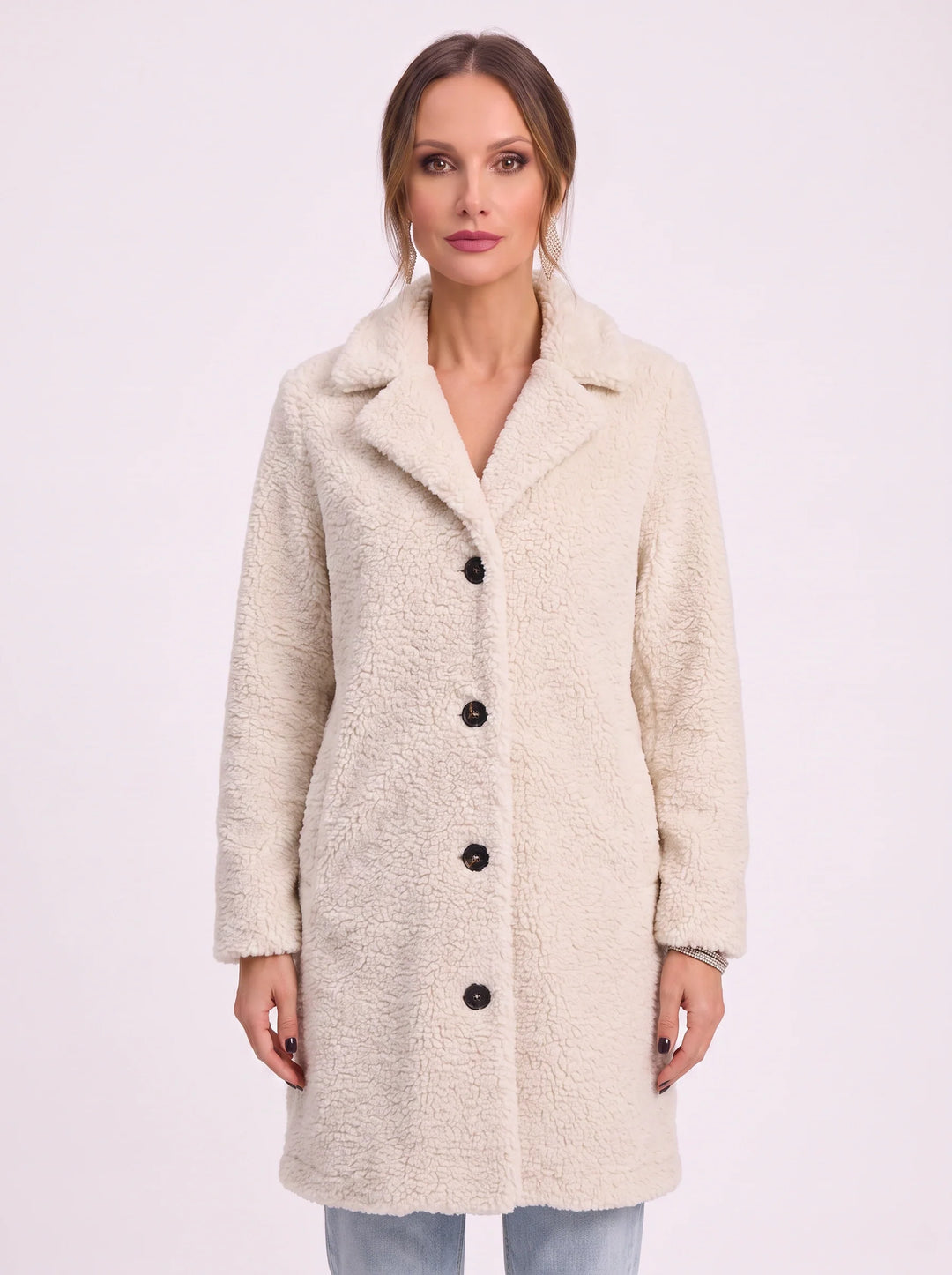 Amber | Classic Longline Button Front Sherpa Jacket Women