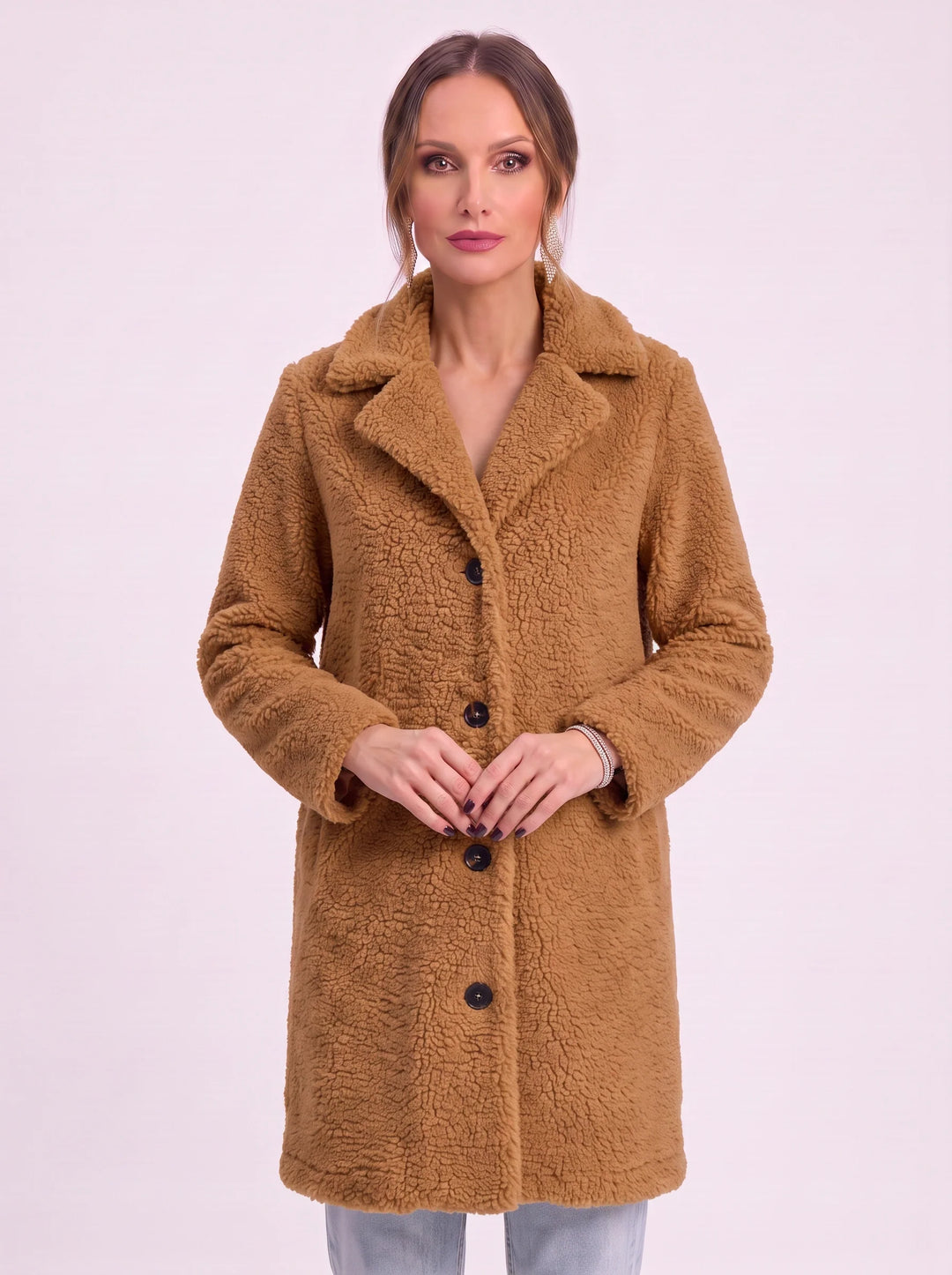 Amber | Classic Longline Button Front Sherpa Jacket Women