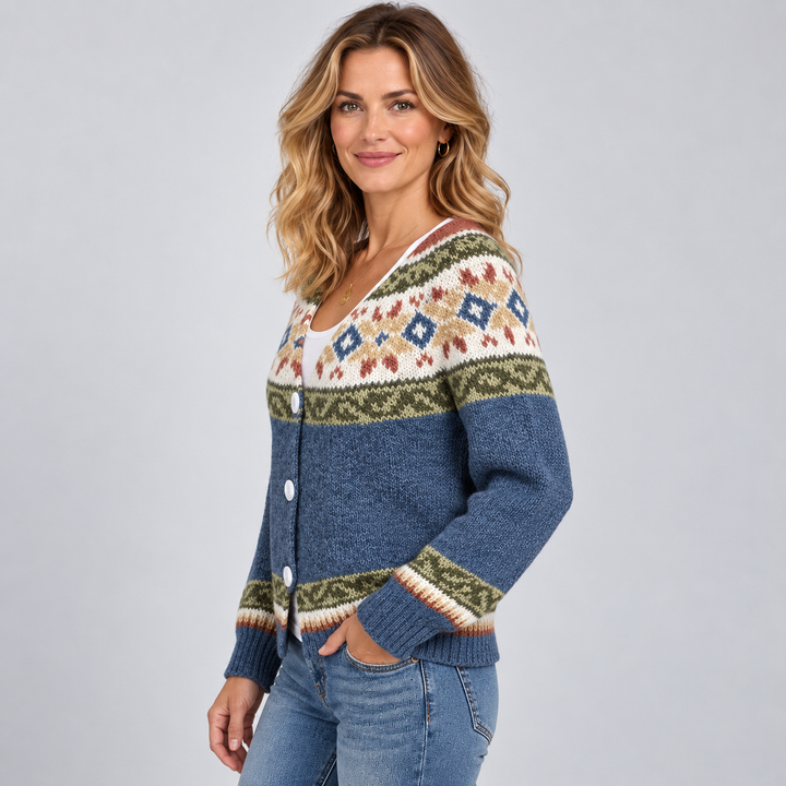 Amber | V-Neck Button Front Fair Isle Cardigan Womens