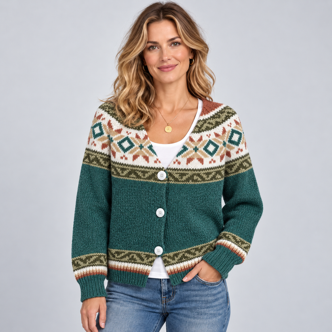 Amber | V-Neck Button Front Fair Isle Cardigan Womens