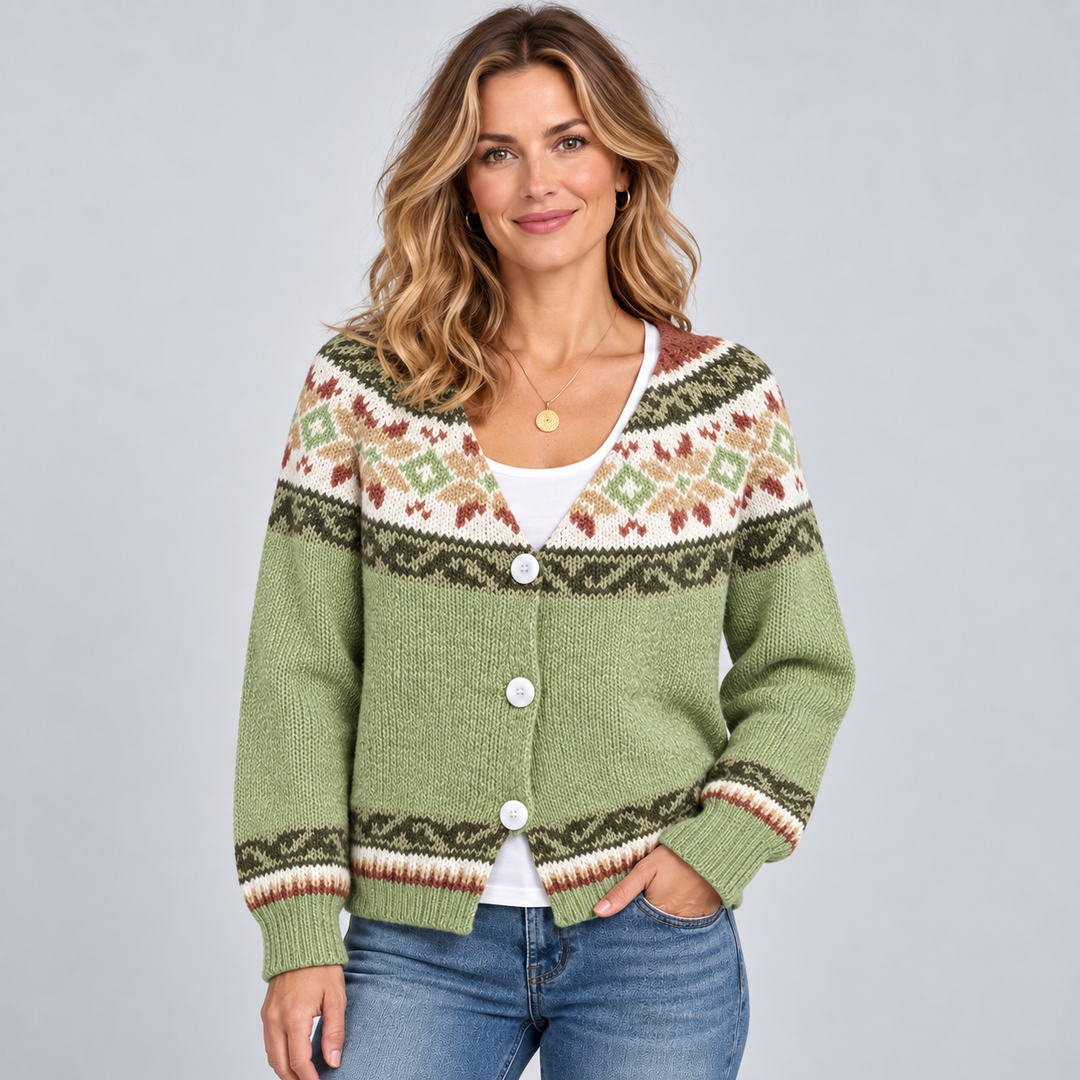Amber | V-Neck Button Front Fair Isle Cardigan Womens