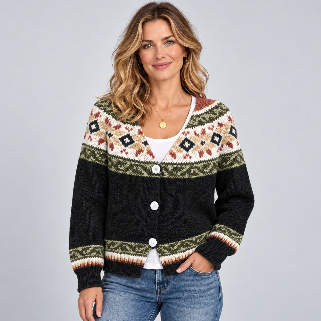 Amber | V-Neck Button Front Fair Isle Cardigan Womens
