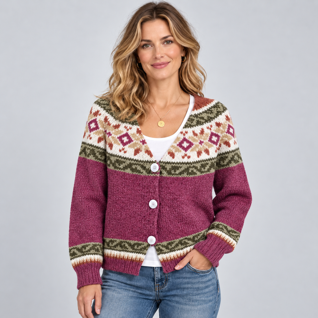 Amber | V-Neck Button Front Fair Isle Cardigan Womens