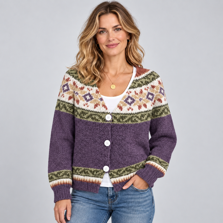 Amber | V-Neck Button Front Fair Isle Cardigan Womens