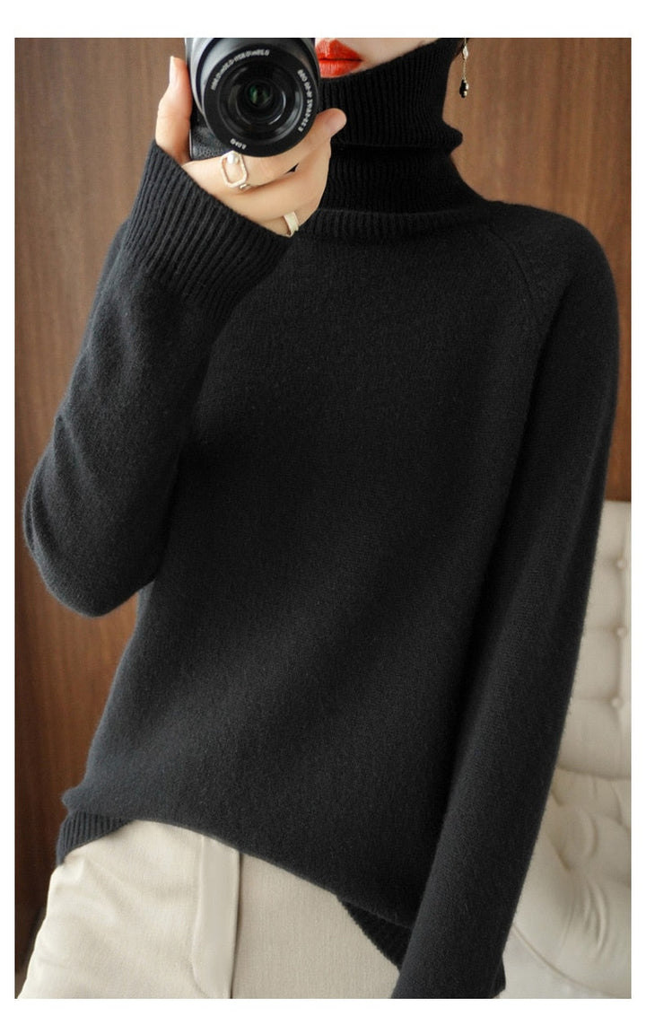Anna | Relaxed Ribbed Trim Long Sleeve Turtleneck Sweater