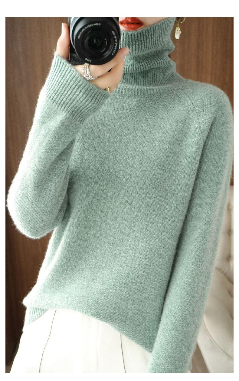 Anna | Relaxed Ribbed Trim Long Sleeve Turtleneck Sweater