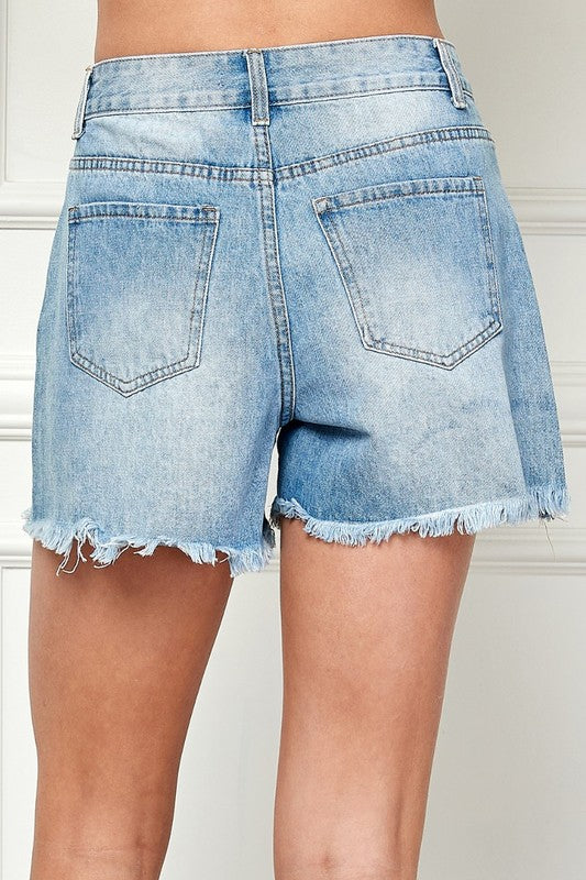 PANTS- SHORTS- DISTRESSED HEM DENIM SHORTS